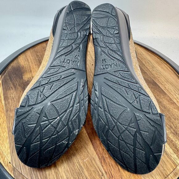 NAOT Pixie Black Leather Wedge Sandal Cork Sz EU 39 US 8.5 Adjust Strappy Ankle - Picture 7 of 11